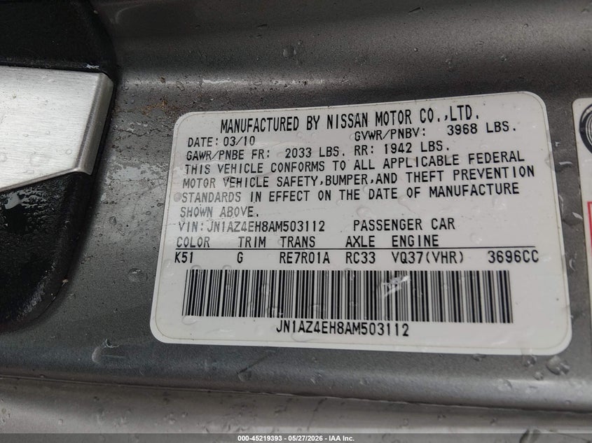 2010 Nissan 370z VIN JN1AZ4EH8AM503112 IAAI salvage auction — REAR END, Salvage (Oklahoma), sold $925 on 2026-07-29 (photo 9)