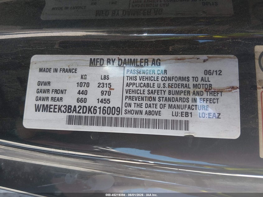 2013 Smart Fortwo VIN WMEEK3BA2DK616009 IAAI salvage auction — FRONT END, Original (Texas), sold $1,350 on 2026-08-22 (photo 9)