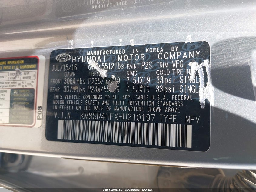 2017 Hyundai Santa fe VIN KM8SR4HFXHU210197 IAAI salvage auction — FRONT END, Original (Texas), sold $2,200 on 2026-08-01 (photo 9)