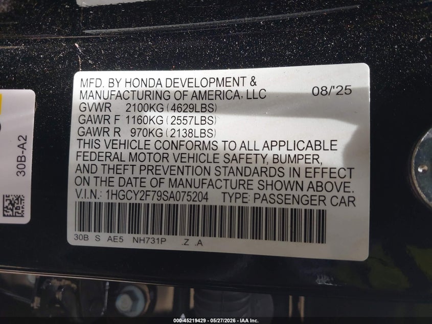 2025 Honda Accord VIN 1HGCY2F79SA075204 IAAI salvage auction — FRONT END, Original (Texas), sold $7,900 on 2026-07-29 (photo 9)