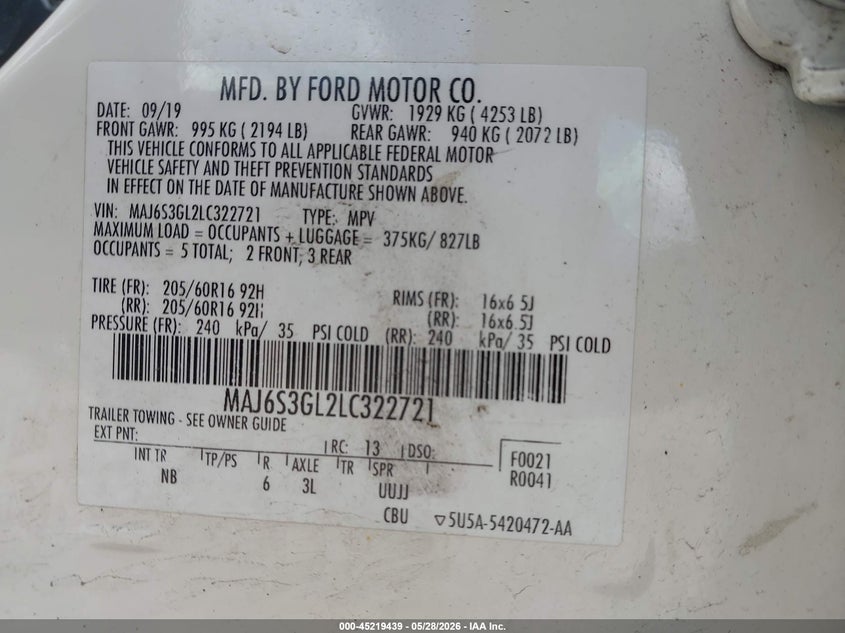 2020 Ford Ecosport VIN MAJ6S3GL2LC322721 IAAI salvage auction — SIDE, Salvage Title, sold $1,450 on 2026-07-05 (photo 9)
