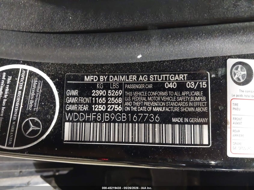 2016 Mercedes-benz E-klasse VIN WDDHF8JB9GB167736 IAAI salvage auction — RIGHT FRONT, Salvage Title, sold $975 on 2026-07-19 (photo 9)