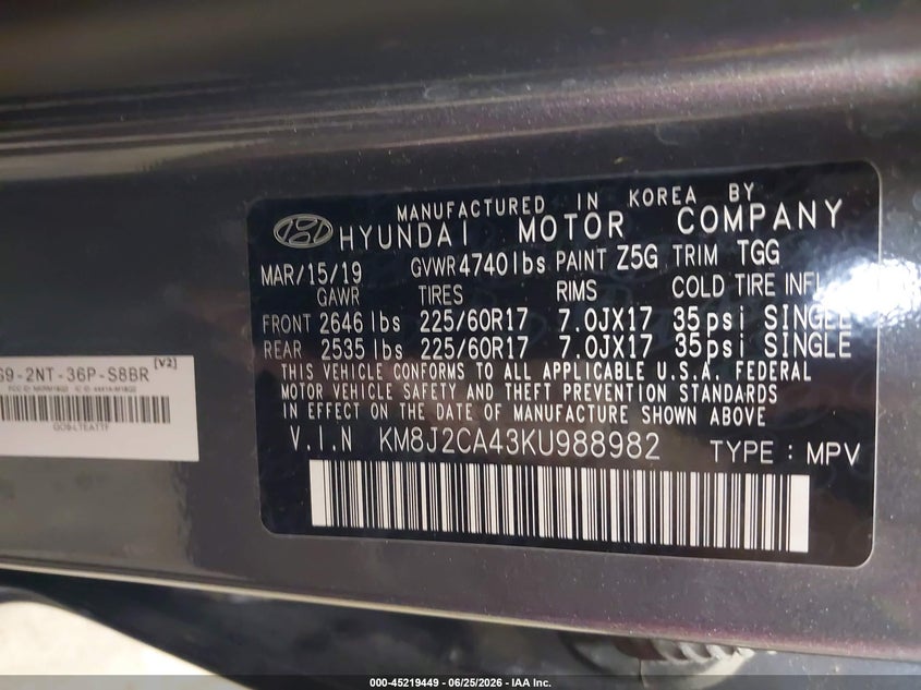 2019 Hyundai Tucson VIN KM8J2CA43KU988982 IAAI salvage auction — NORMAL WEAR, Sf97 (New York), sold $5,600 on 2026-07-23 (photo 9)