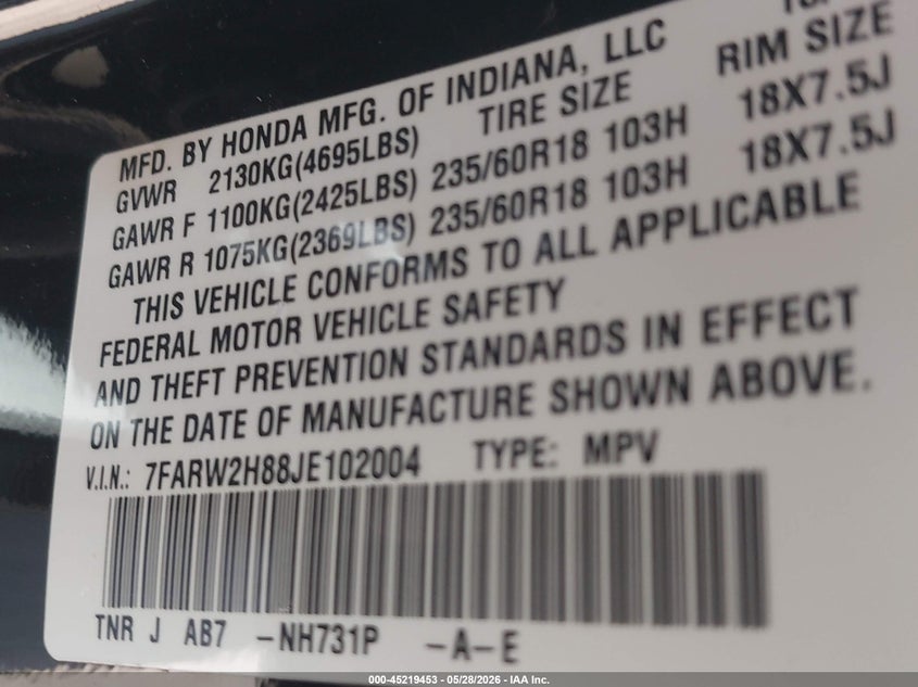 2018 Honda Cr-v VIN 7FARW2H88JE102004 IAAI salvage auction — HAIL, Salvage Title, sold $2,050 on 2026-07-21 (photo 9)