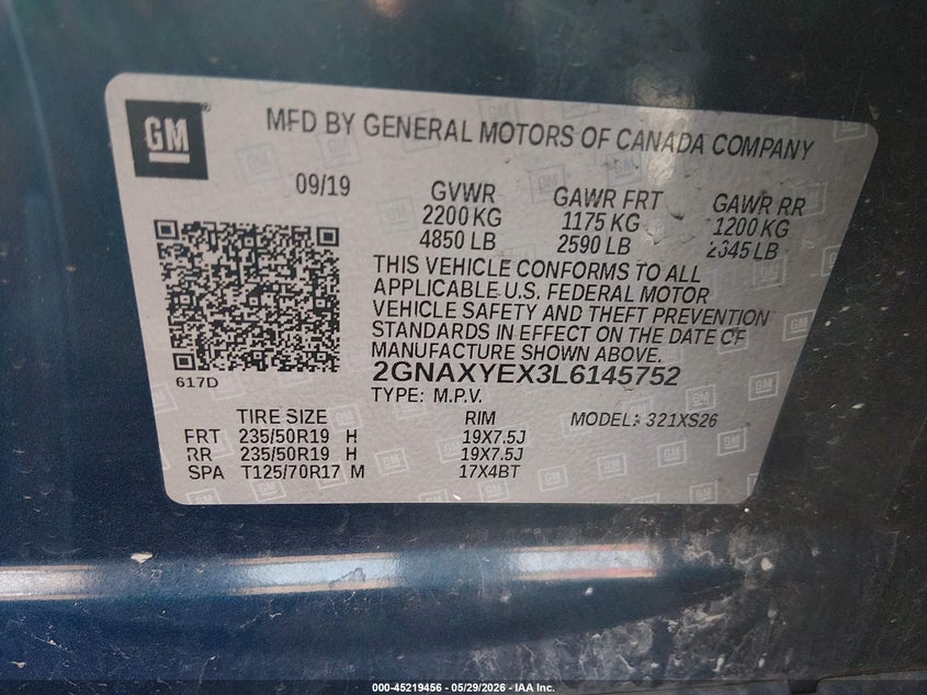 2020 Chevrolet Equinox VIN 2GNAXYEX3L6145752 IAAI salvage auction — REAR END, Bill Of Sale Destruction Only - Salvage (Ohio), sold $800 on 2026-07-09 (photo 9)