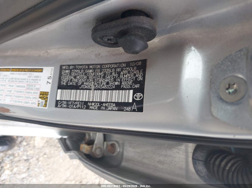 2009 Toyota Prius VIN JTDKB20U593483224 IAAI salvage auction — ELECTRICAL, Salvage (Massachusetts), sold $400 on 2026-07-24 (photo 9)