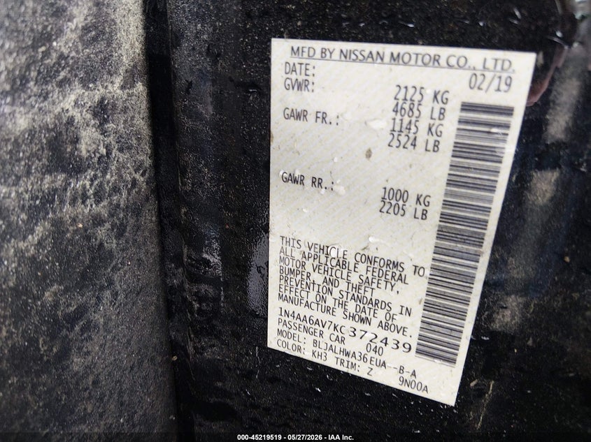 2019 Nissan Maxima VIN 1N4AA6AV7KC372439 IAAI salvage auction — RIGHT SIDE, Salvage Title, sold $7,575 on 2026-07-15 (photo 9)