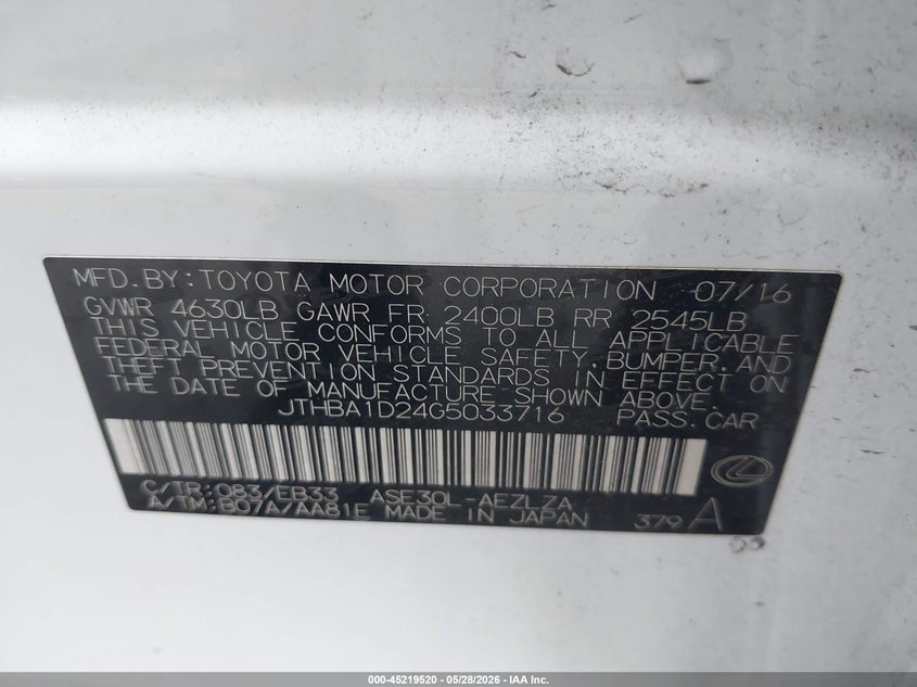 2016 Lexus Is VIN JTHBA1D24G5033716 IAAI salvage auction — FRONT END, Salvage Title, sold $3,500 on 2026-07-20 (photo 9)