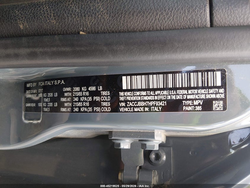2017 Jeep Renegade VIN ZACCJBBH7HPF93421 IAAI salvage auction — LEFT FRONT, Salvage Title, sold $1,850 on 2026-07-09 (photo 9)