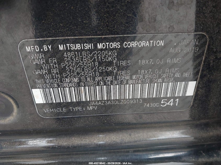 2020 Mitsubishi Outlander VIN JA4AZ3A30LZ009313 IAAI salvage auction — FRONT END, Salvage Title, sold $2,300 on 2026-07-09 (photo 9)