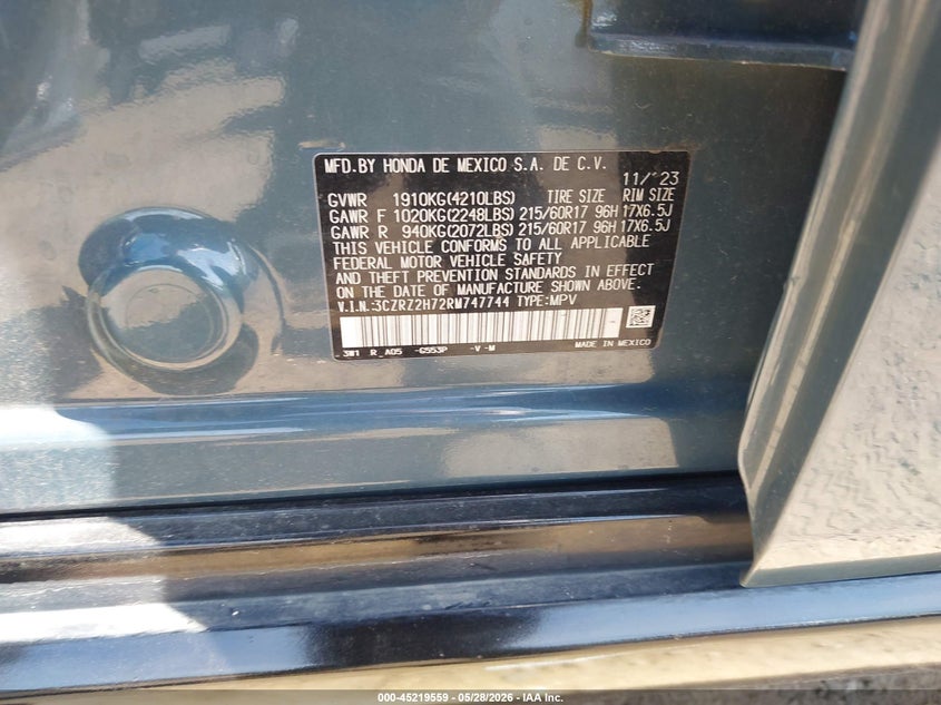 2024 Honda Hr-v VIN 3CZRZ2H72RM747744 IAAI salvage auction — LEFT SIDE, Salvage Title, sold $6,625 on 2026-07-24 (photo 9)