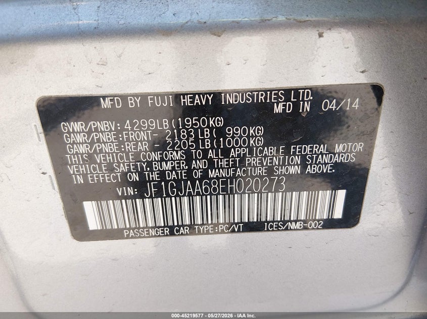 2014 Subaru Impreza VIN JF1GJAA68EH020273 IAAI salvage auction — REAR END, Salvage Title, sold $1,800 on 2026-07-14 (photo 9)