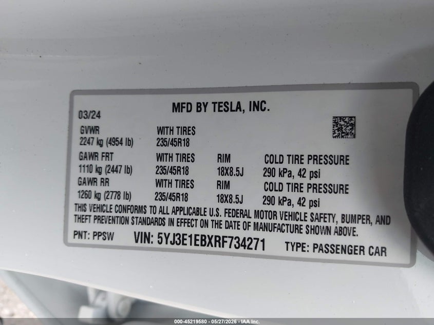 2024 Tesla Model 3 VIN 5YJ3E1EBXRF734271 IAAI salvage auction — REAR END, Original (Texas), sold $22,100 on 2026-07-08 (photo 9)