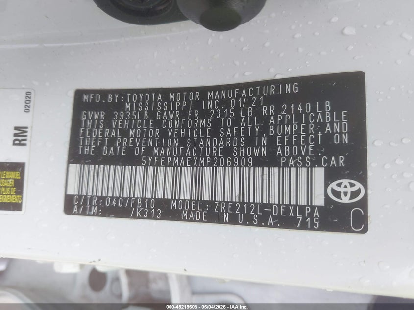 2021 Toyota Corolla VIN 5YFEPMAEXMP206909 IAAI salvage auction — REAR END, Original (Texas), sold $3,550 on 2026-07-30 (photo 9)