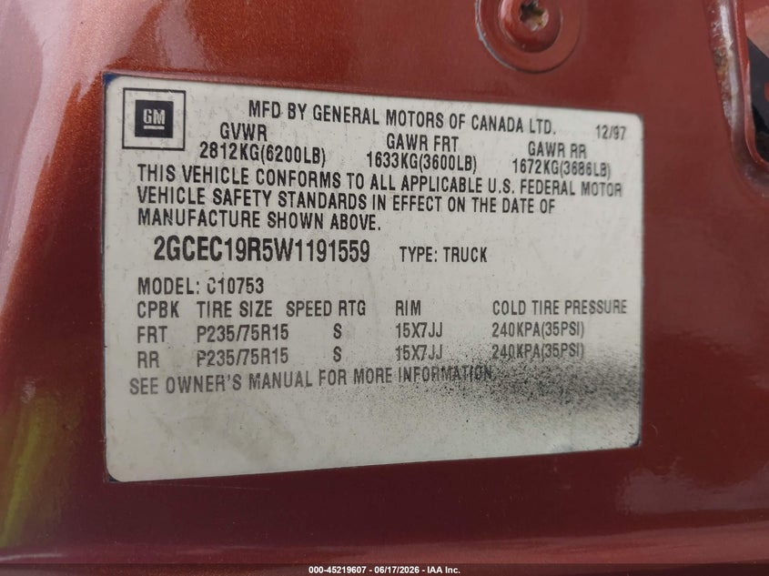 1998 Chevrolet C1500 VIN 2GCEC19R5W1191559 IAAI salvage auction — FRONT END, Salvage (Georgia), sold $950 on 2026-07-23 (photo 9)