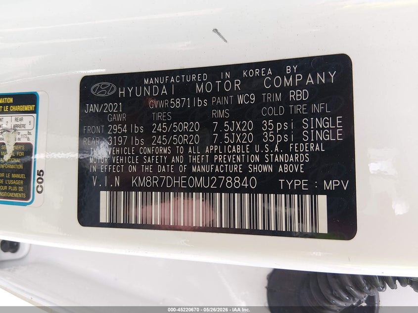 2021 Hyundai Palisade VIN KM8R7DHE0MU278840 IAAI salvage auction — REAR END, Salvage Title, sold $6,900 on 2026-07-08 (photo 9)