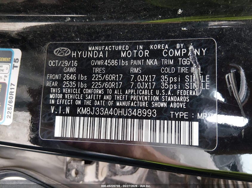 2017 Hyundai Tucson VIN KM8J33A40HU348993 IAAI salvage auction — FRONT END, Salvage Title, sold $2,300 on 2026-07-23 (photo 9)