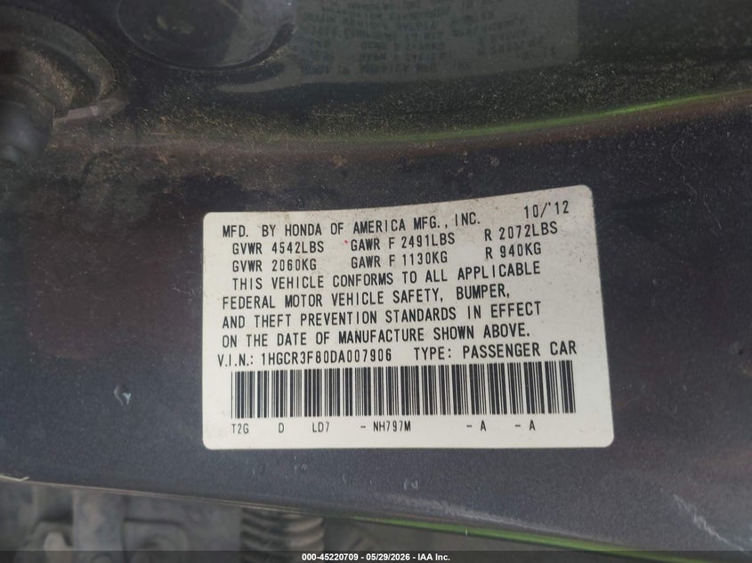 2013 Honda Accord VIN 1HGCR3F80DA007906 IAAI salvage auction — NORMAL WEAR, Salvage Title, sold $2,550 on 2026-08-03 (photo 9)