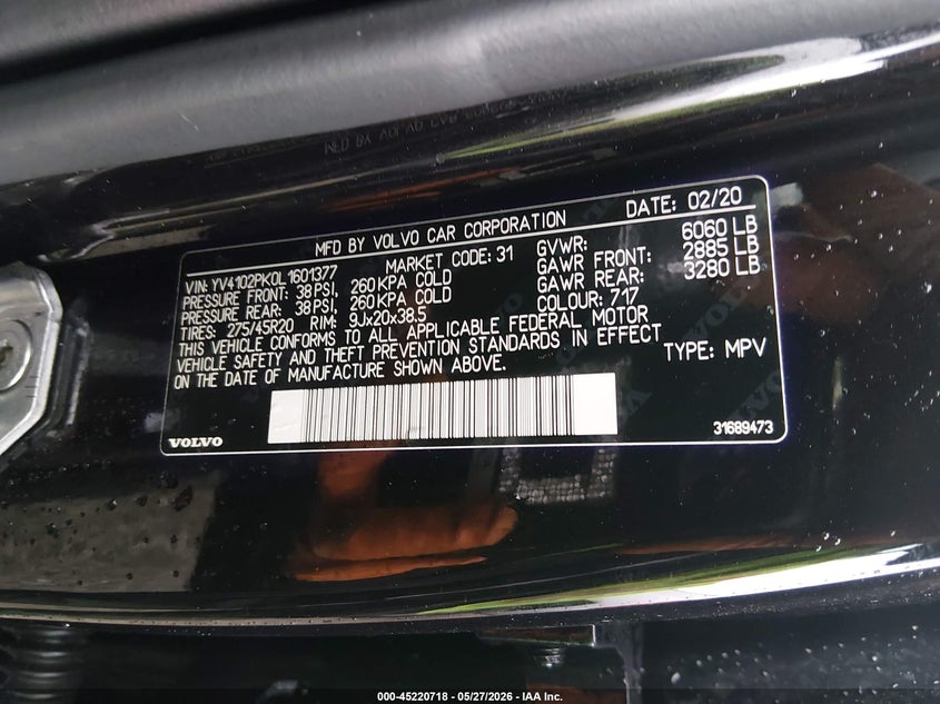 2020 Volvo Xc90 VIN YV4102PK0L1601377 IAAI salvage auction — FRONT END, Salvage Title, sold $7,350 on 2026-07-08 (photo 9)