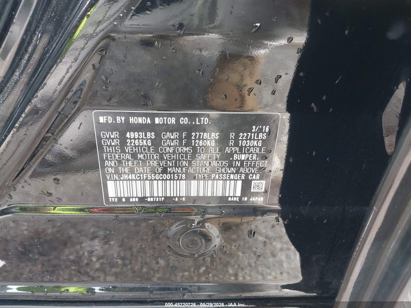 2016 Acura RLX VIN JH4KC1F55GC001578 IAAI salvage auction — FRONT END, Salvage (Missouri), sold $3,500 on 2026-07-07 (photo 9)