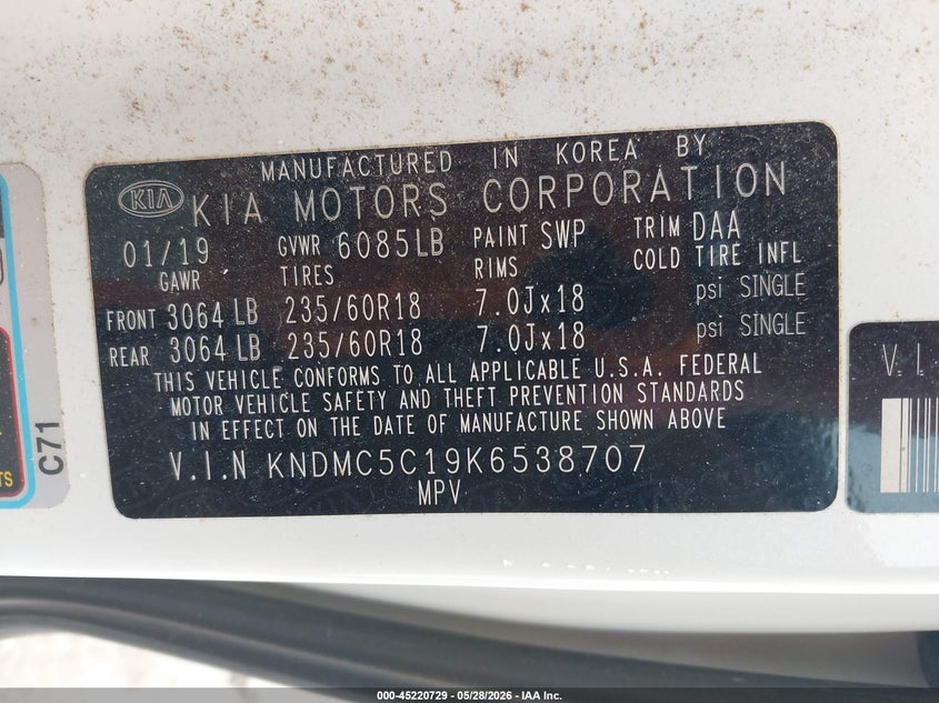 2019 Kia SEDONA VIN KNDMC5C19K6538707 IAAI salvage auction — HAIL, Salvage (Kansas), sold $10,500 on 2026-08-05 (photo 9)