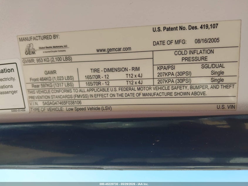 2005 Global electric motors 825 VIN 5ASAG47465F038106 IAAI salvage auction — NORMAL WEAR, Clear-Dealer Only (Arizona), sold $225 on 2026-07-28 (photo 9)