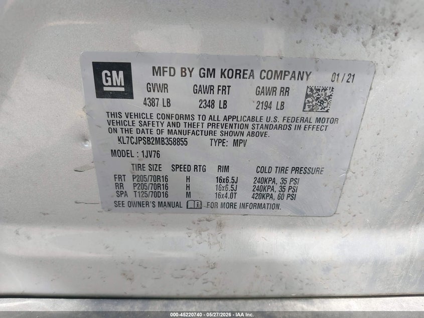 2021 Chevrolet Trax VIN KL7CJPSB2MB358855 IAAI salvage auction — FRONT END, Salvage Title, sold $1,525 on 2026-07-09 (photo 9)