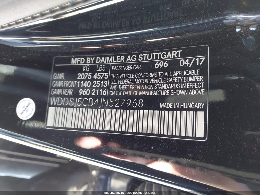 2018 Mercedes-benz VIN WDDSJ5CB4JN527968 IAAI salvage auction — RIGHT FRONT, Nrc Lienholder Repossession Paperwork (California), sold $2,050 on 2026-08-20 (photo 9)