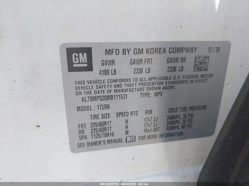 2021 Chevrolet Trailblazer VIN KL79MPS20MB111531 IAAI salvage auction — FRONT END, Salvage Title, sold $2,950 on 2026-07-14 (photo 9)