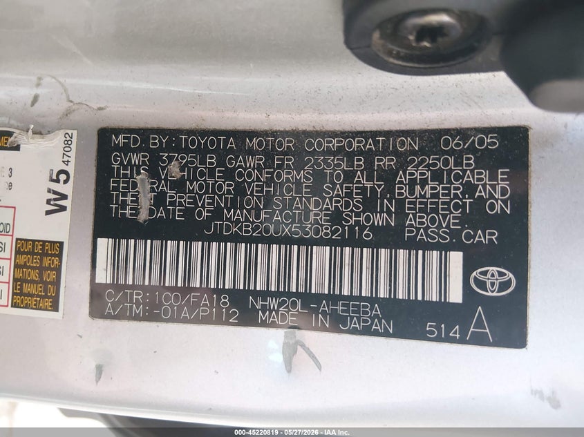 2005 Toyota Prius VIN JTDKB20UX53082116 IAAI salvage auction — LEFT FRONT, Bill Of Sale (Washington), sold $800 on 2026-07-15 (photo 9)