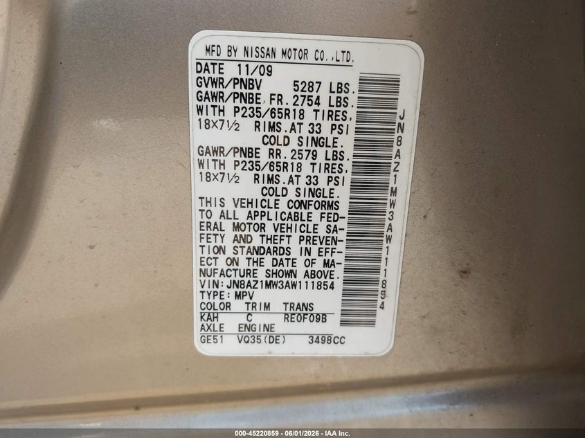 2010 Nissan Murano VIN JN8AZ1MW3AW111854 IAAI salvage auction — NORMAL WEAR, Clear (New Jersey), sold $475 on 2026-07-15 (photo 9)