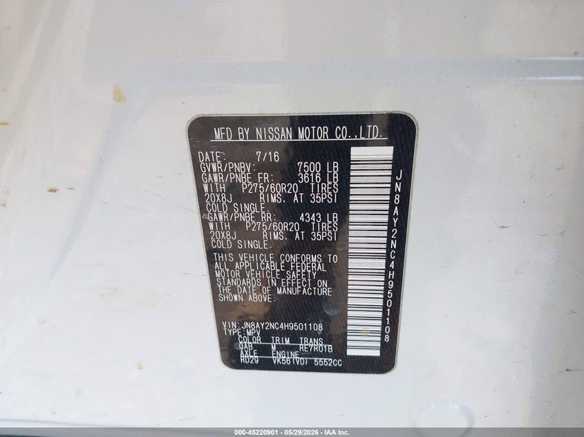 2017 Nissan Armada VIN JN8AY2NC4H9501108 IAAI salvage auction — FRONT END, Salvage Title, sold $1,750 on 2026-07-29 (photo 9)