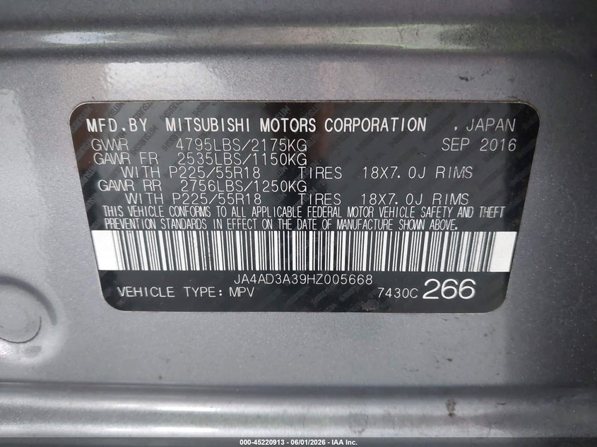 2017 Mitsubishi Outlander VIN JA4AD3A39HZ005668 IAAI salvage auction — LEFT & RIGHT, Rebuildable (Florida), sold $50 on 2026-07-29 (photo 9)