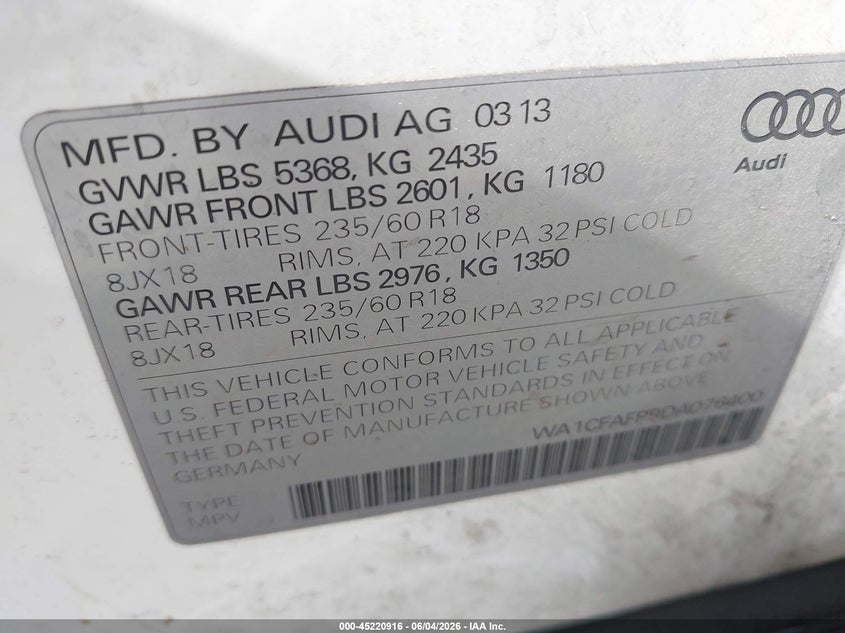 2013 Audi Q5 VIN WA1CFAFP9DA076400 IAAI salvage auction — FRONT END, Salvage Title, sold $1,100 on 2026-07-14 (photo 9)