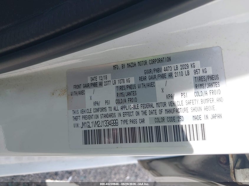 2018 Mazda 6 VIN JM1GL1VM2J1334999 IAAI salvage auction — FRONT END, Rebuildable (Florida), sold $775 on 2026-07-28 (photo 9)