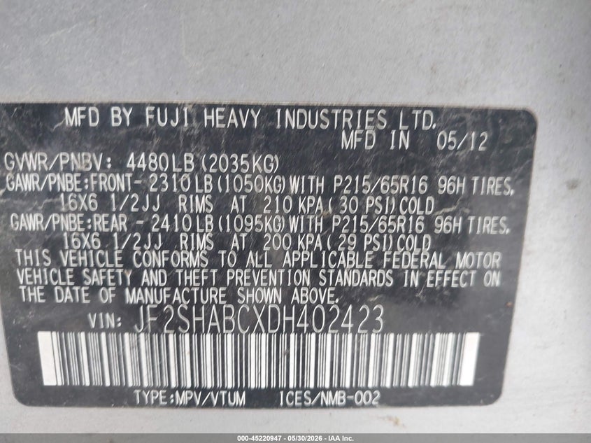 2013 Subaru Forester VIN JF2SHABCXDH402423 IAAI salvage auction — NORMAL WEAR, Clear (Illinois), sold $450 on 2026-07-13 (photo 9)
