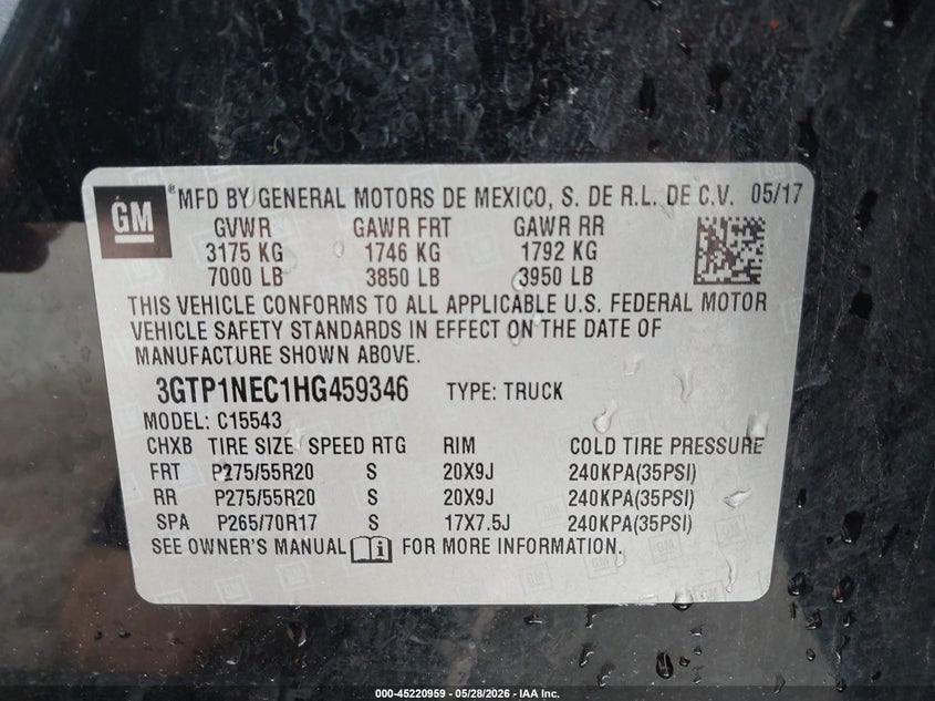 2017 Gmc SIERRA VIN 3GTP1NEC1HG459346 IAAI salvage auction — FRONT END, Salvage Title, sold $5,300 on 2026-07-21 (photo 9)