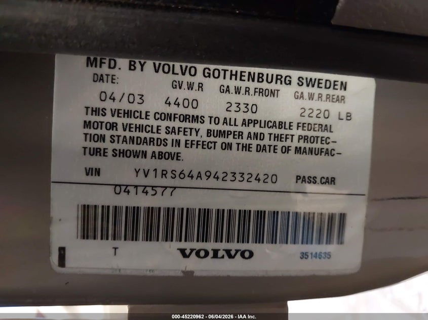 2004 Volvo S60 VIN YV1RS64A942332420 IAAI salvage auction — FRONT & REAR, Salvage (Utah), sold $250 on 2026-08-17 (photo 9)