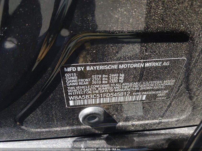 2015 BMW 5er VIN WBA5B3C51FD545812 IAAI salvage auction — FRONT END, Salvage (New Jersey), sold $2,175 on 2026-08-17 (photo 9)