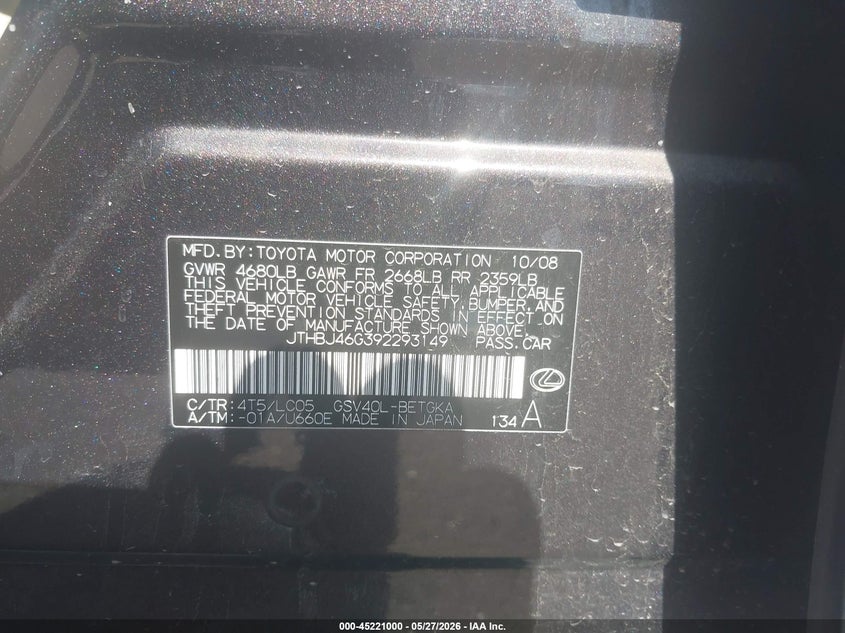 2009 Lexus ES VIN JTHBJ46G392293149 IAAI salvage auction — LEFT FRONT, Prior Salvage (Minnesota), sold $700 on 2026-07-13 (photo 9)