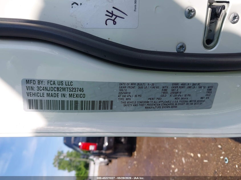 2021 Jeep Compass VIN 3C4NJDCB2MT523746 IAAI salvage auction — LEFT FRONT, Salvage (Ohio), sold $2,150 on 2026-07-24 (photo 9)