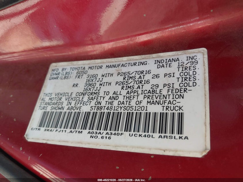 2000 Toyota Tundra VIN 5TBBT4812YS051201 IAAI salvage auction — FRONT END, Salvage (Alabama), sold $1,575 on 2026-07-08 (photo 9)