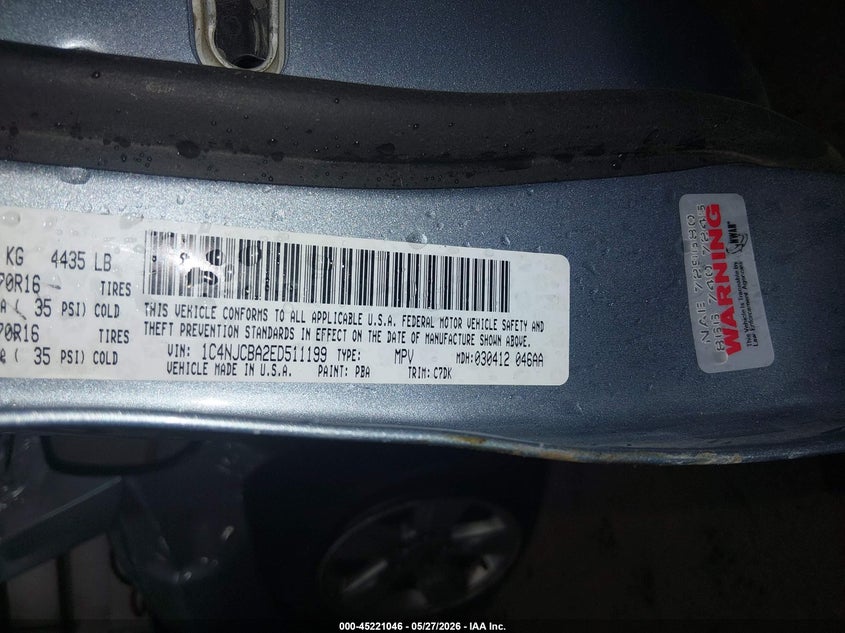 2014 Jeep Compass VIN 1C4NJCBA2ED511199 IAAI salvage auction — ROLLOVER, Salvage (Idaho), sold $75 on 2026-07-10 (photo 9)
