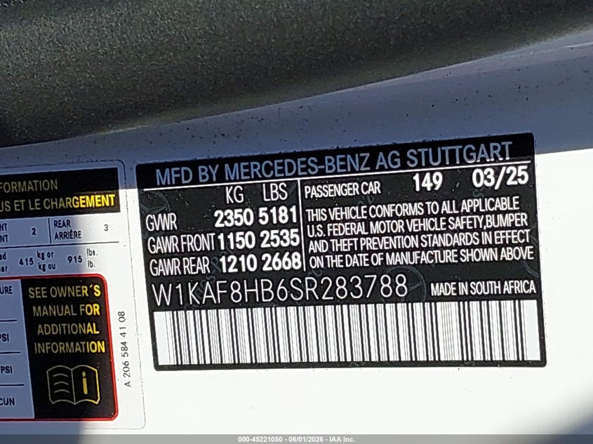 2025 Mercedes-benz VIN W1KAF8HB6SR283788 IAAI salvage auction — WATER/FLOOD, Salvage Title, sold $17,600 on 2026-07-30 (photo 9)