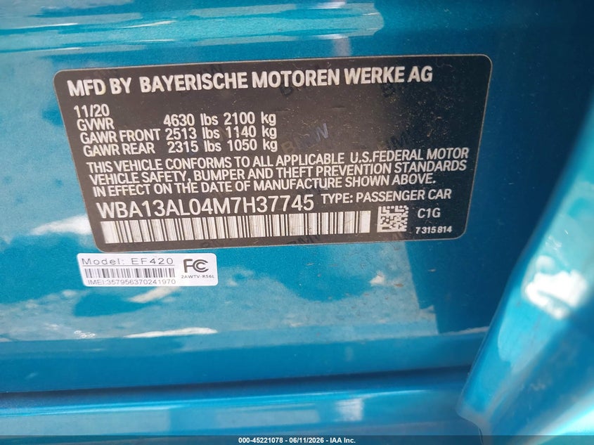 2021 BMW 2er VIN WBA13AL04M7H37745 IAAI salvage auction — FRONT END, Wait Title, sold $2,300 on 2026-08-18 (photo 9)