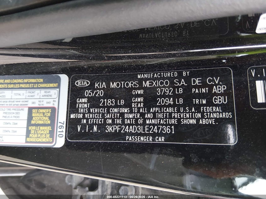 2020 Kia Forte VIN 3KPF24AD3LE247361 IAAI salvage auction — FRONT & REAR, Salvage Title, sold $2,150 on 2026-07-09 (photo 9)