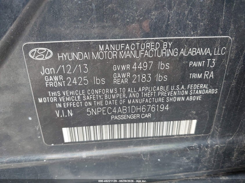 2013 Hyundai Sonata VIN 5NPEC4AB1DH676194 IAAI salvage auction — LEFT SIDE, Clear (Oklahoma), sold $225 on 2026-07-28 (photo 9)