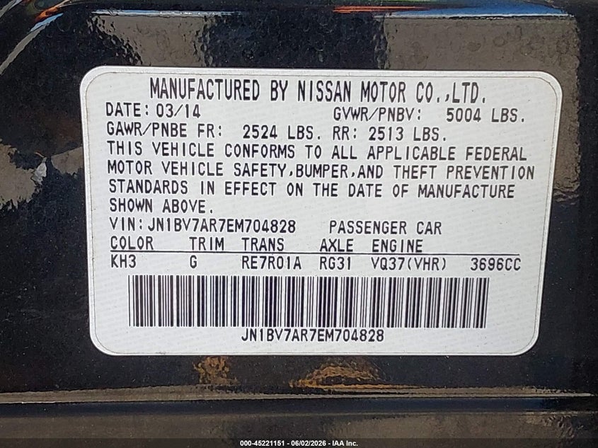 2014 Infiniti Q50 VIN JN1BV7AR7EM704828 IAAI salvage auction — FRONT END, Salvage Title, sold $2,800 on 2026-07-23 (photo 9)