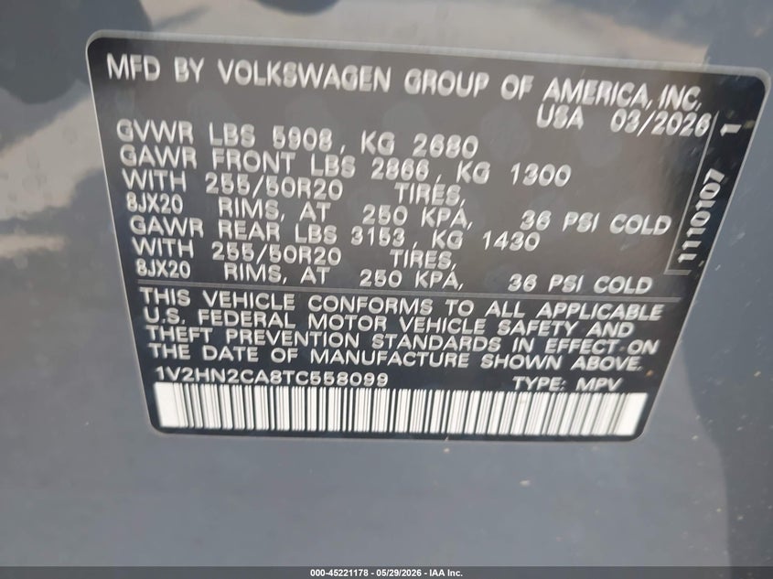 2026 Volkswagen Atlas VIN 1V2HN2CA8TC558099 IAAI salvage auction — FRONT END, Salvage Title, sold $11,100 on 2026-07-29 (photo 9)