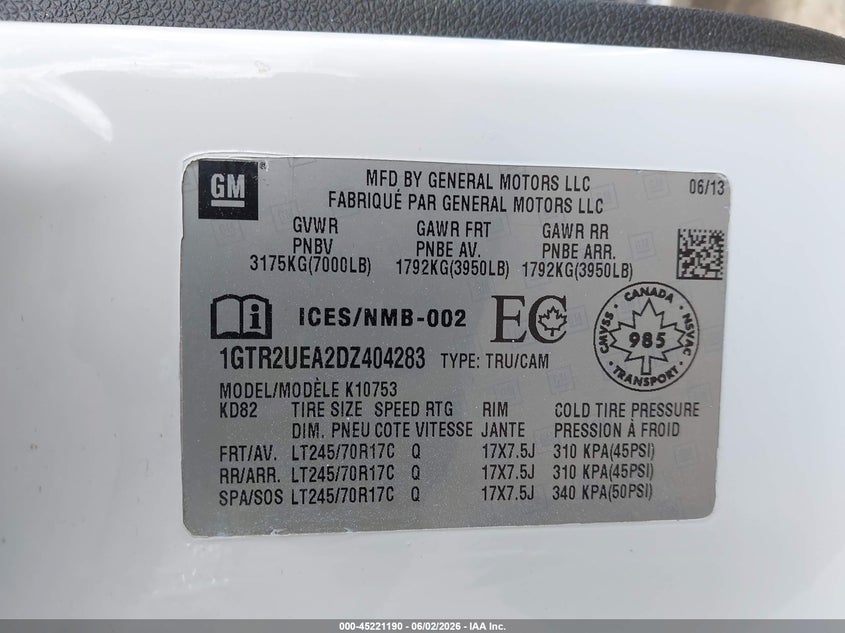 2013 Gmc SIERRA VIN 1GTR2UEA2DZ404283 IAAI salvage auction — REAR END, Salvage Title, sold $4,100 on 2026-07-11 (photo 9)